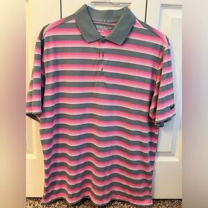 Pink/Gray Striped Nike Golf Tour Performance DRI-FIT Shirt. Size: L